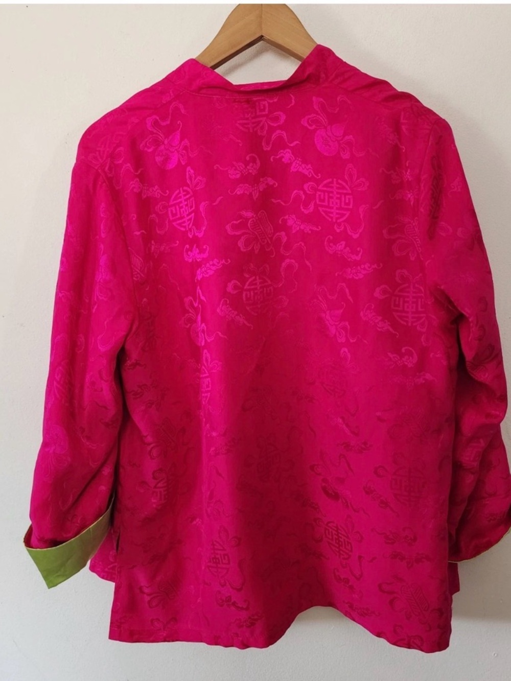 New Fuchsia 100% Silk Mandarin Jacket/cardigan with Lime Trim - Picture 5 of 6